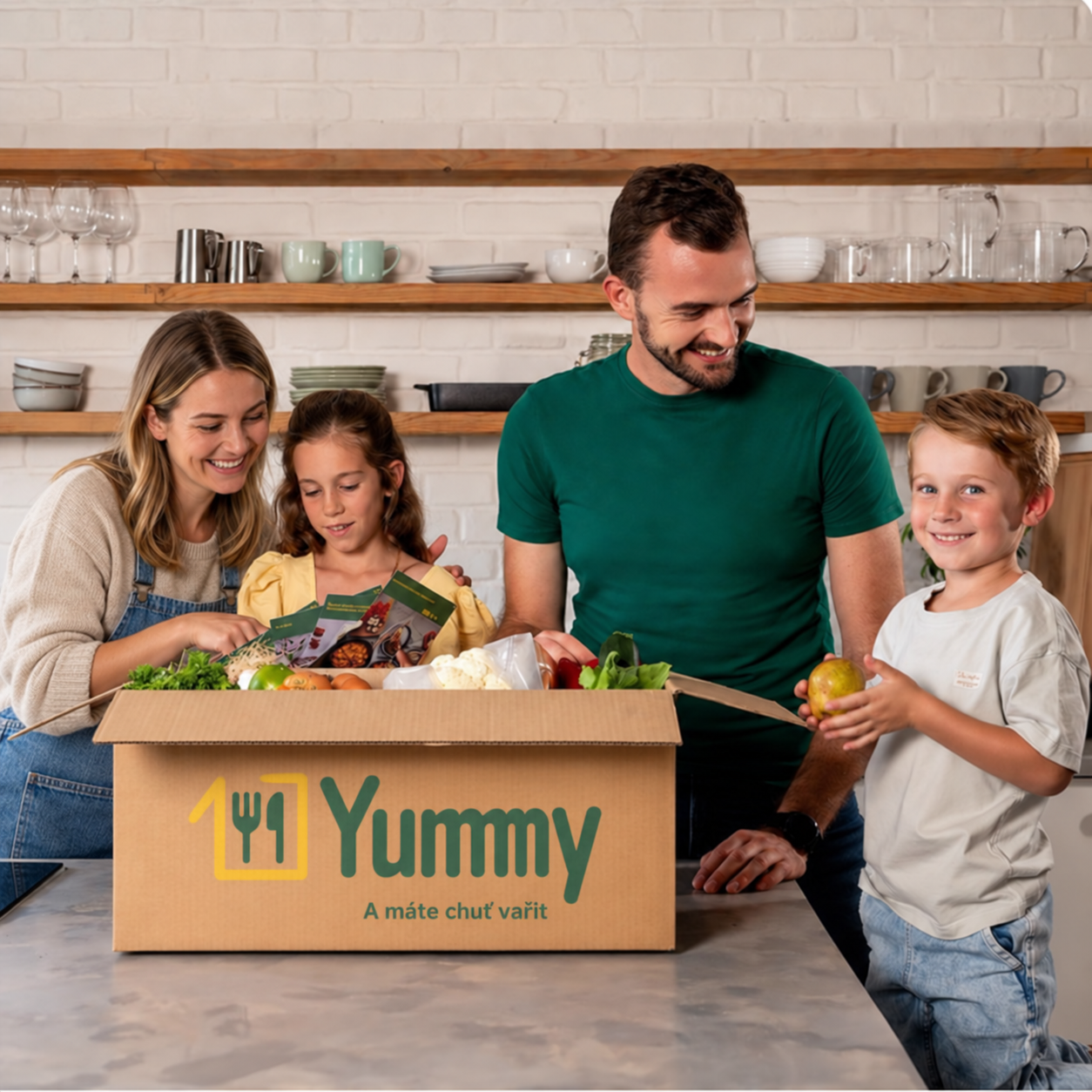 Rodina v kuchyni rozbaľuje Yummy box